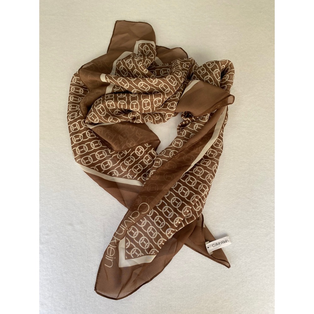 Calvin Klein Brown Cream Logo Print Square Silk Feel Scarf 35x35